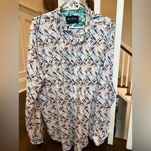 Robert Graham White linen Shirt with Blue and Red Fish Pattern